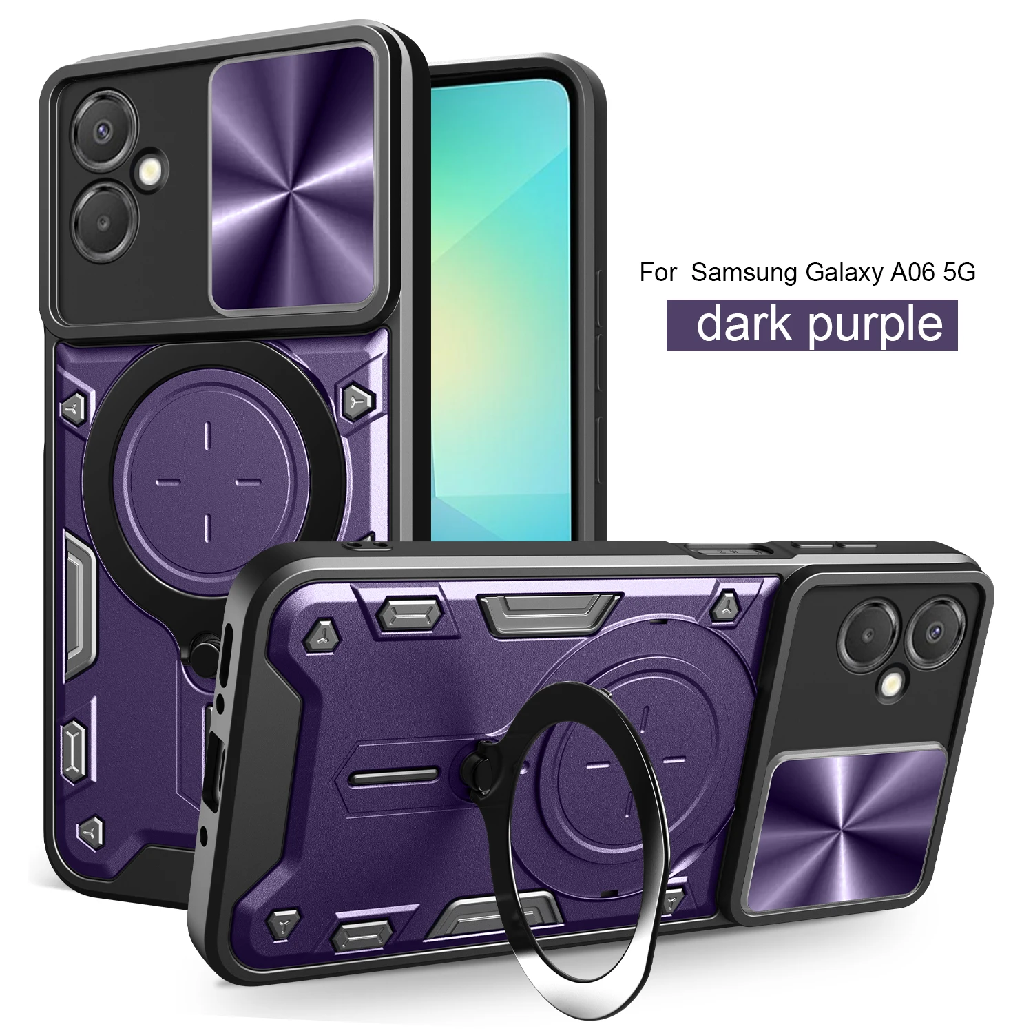 Чехол для Samsung Galaxy A06 5G с магнитной раздвижной защитой камеры Galaxy A16 5G, вращающаяся на 360° подставка, бронированное кольцо, Funda Capa