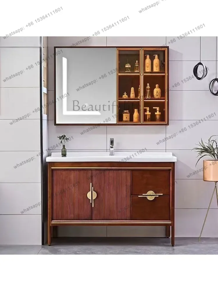 Ceramic integrated hand wash basin Oak bathroom cabinet Combined bathroom floor cabinet