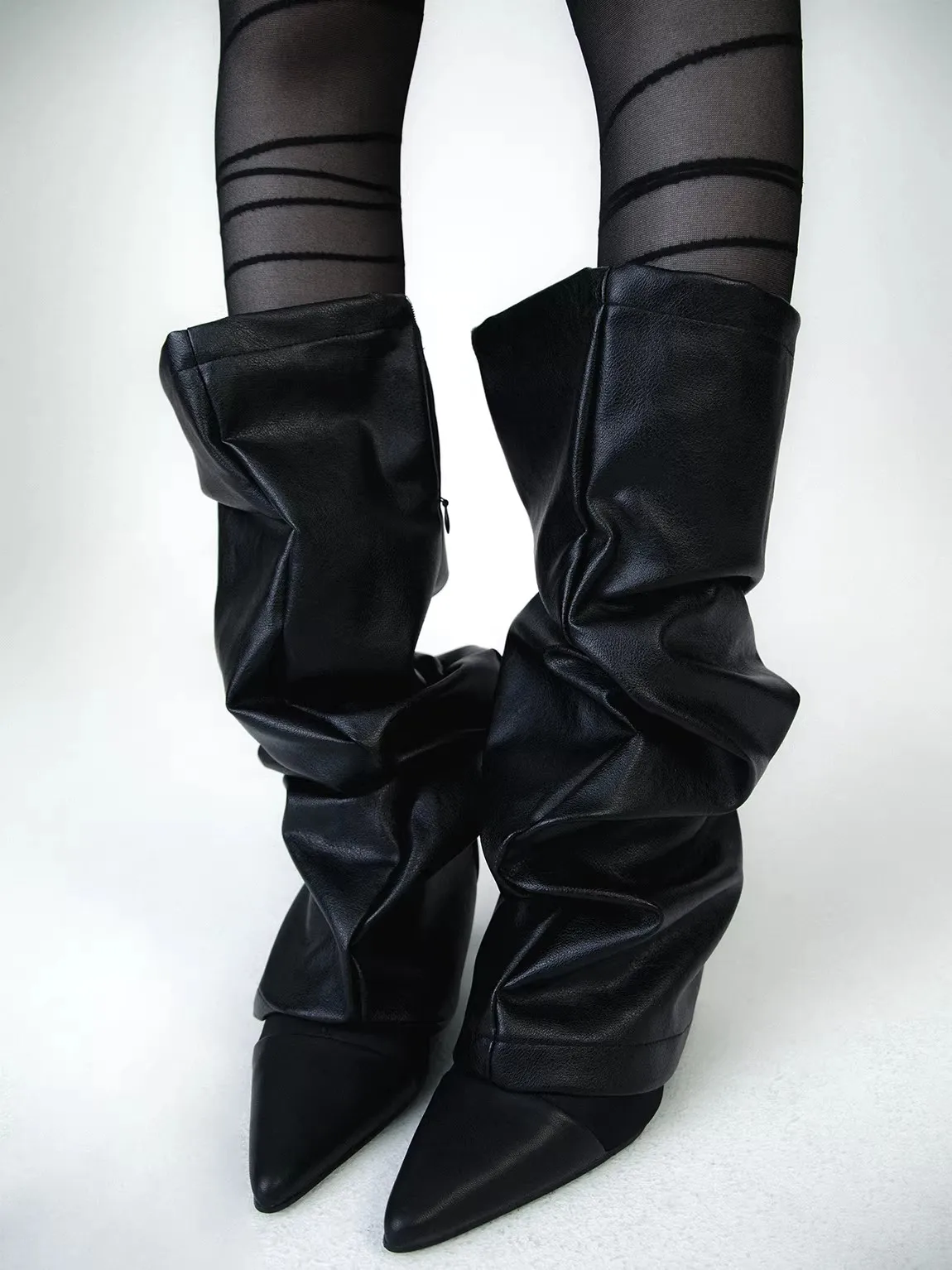 女性の-pu-レザー脚足首膝スリーブソックスコントラストカラーオーバーニーガールズファッションダンスパンクレギンスレッグウォーマー-r2500