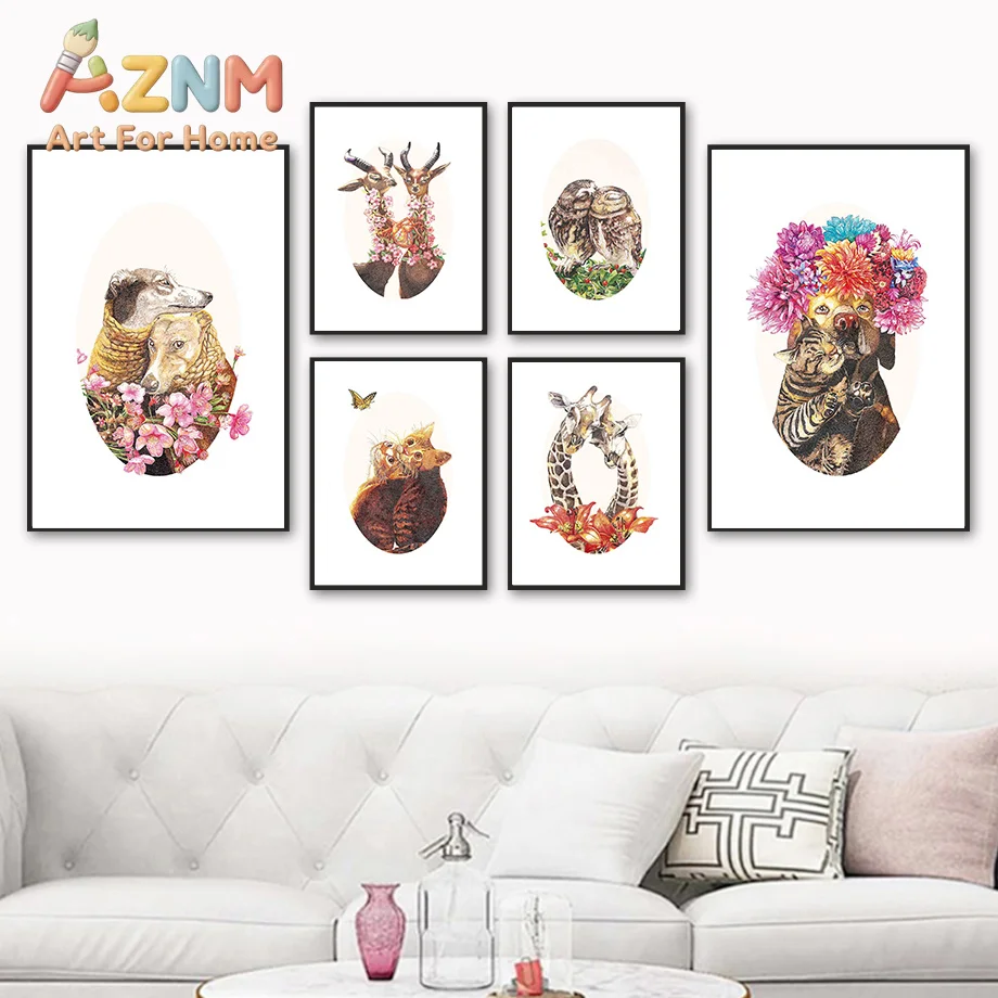 Flower Dog sheep Giraffe Owl Cat Couple Family Wall Art Canvas Painting Nordic Posters And Prints Wall Pictures Kids Room Dec