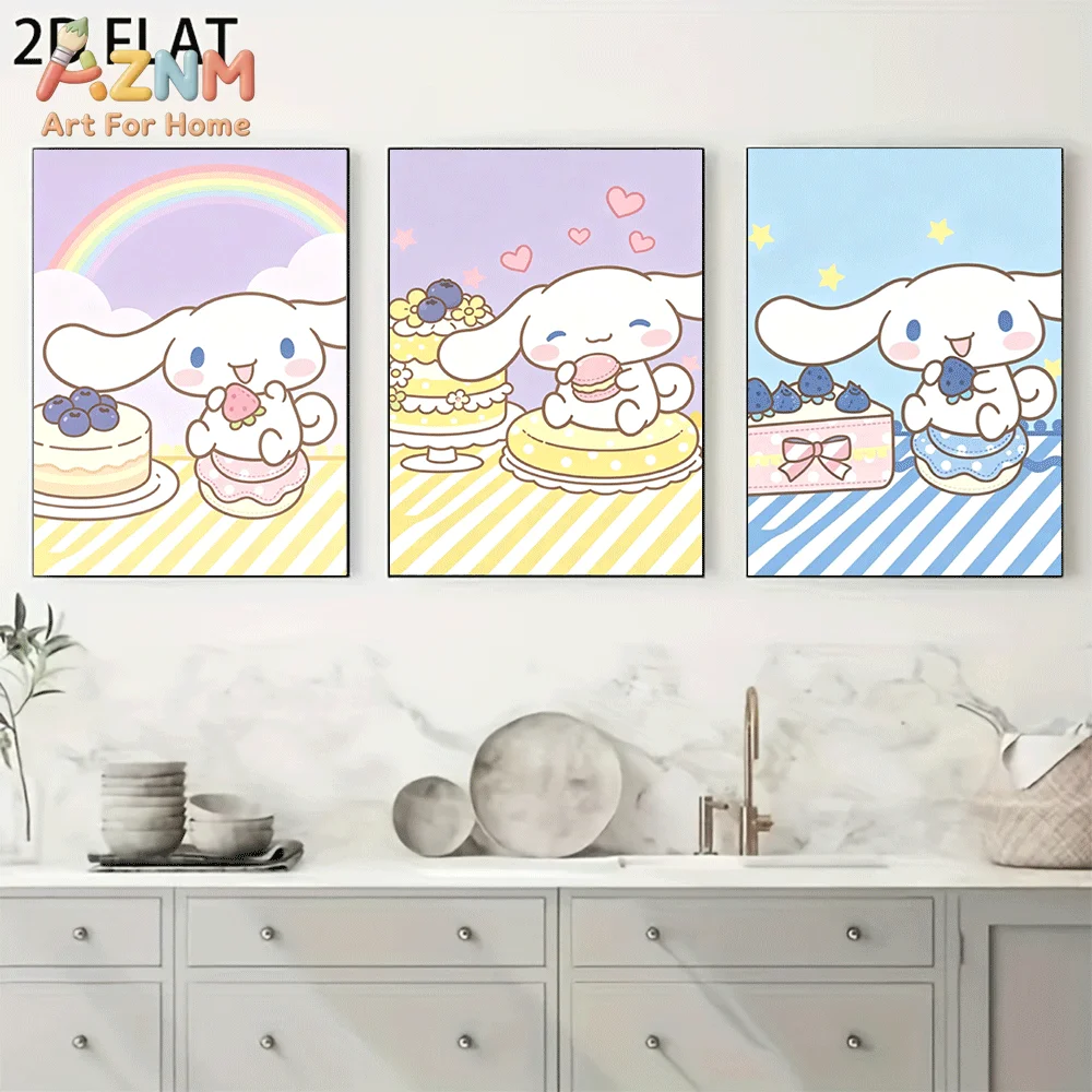 AZNM Cinnamoroll Canvas Wall Art Unframed Cute Cartoon Print Poster Rainbow Blueberry Cake Heart Star Pastel Style Design for Gi