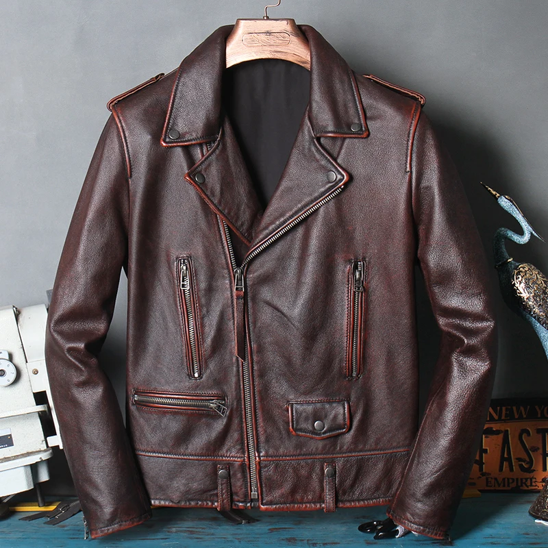

Новая мужская мотоциклетная куртка из натуральной кожи, винтажная, с эффектом потертости, из коровьей кожи высшего слоя, в корейском стиле, кожаный жилет