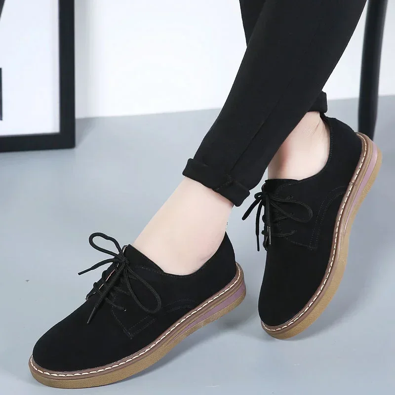 2024 Winter Women Sneakers Oxford Shoes  Flats Shoes Women Leather Suede Lace Up Boat Shoes Round Toe Flats Moccasins