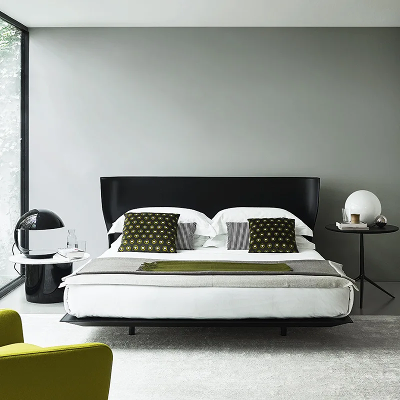 Suspended bed, steel frame, design, minimalist, master bedroom, queen bed, light luxury, saddle leather