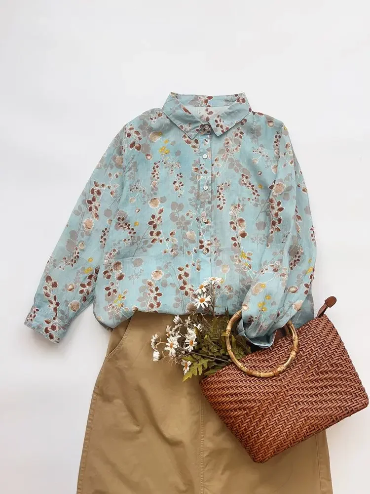 

Good Quality Summer Thin Printed Shirt Women's Tops Cotton and Linen Floral Shirt French Niche