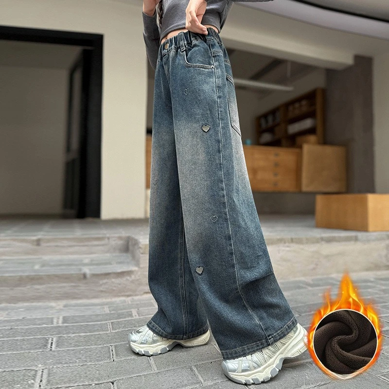 

Teen Girls Embroidered Heart Jeans Winter Fleece Lined Pants Casual Loose Versatile Kids Flare Wide Leg Straight Casual Trousers