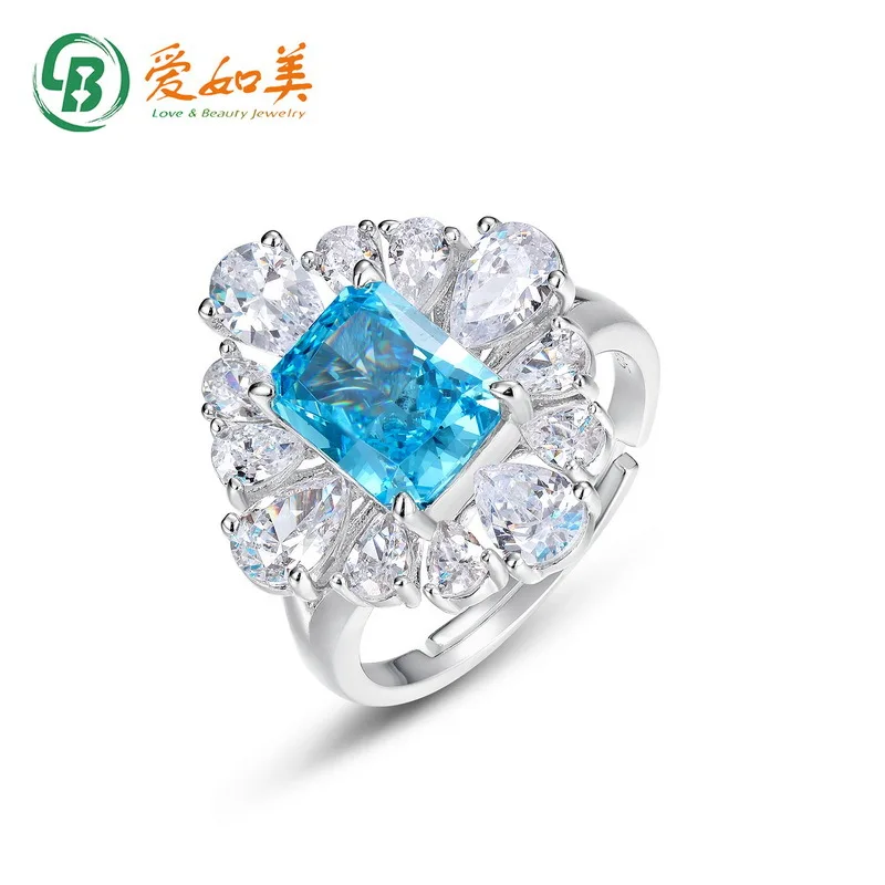 

New Jewelry Product 18K Gold PT950 Platinum Silver Plated 7-layer Gold Aquamarine Gemstone Ring Floral Design Women's Ring