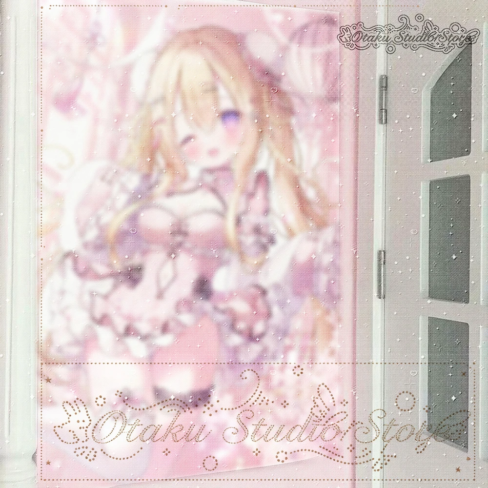 Sweet Lolita anime tapestry さくら，blonde braid girl wall hanging, pink cheongsam style outfit, lantern cherry blossom print, dream