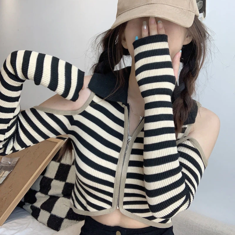 Striped Knit Sexy Strapless Cardigan Women Fashion Chic Zipper Cropped Top Long Sleeve Slim Patchwork Pretty Style Sweet Sweater