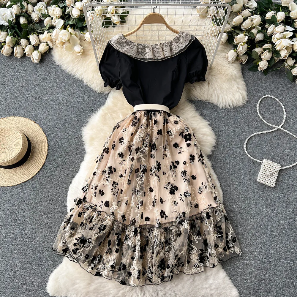 

2023 Lace Mesh Embroidered Patchwork Vintage Dress Women Short Sleeve Ruffles O Neck Pearls Belted Princess Vestidos