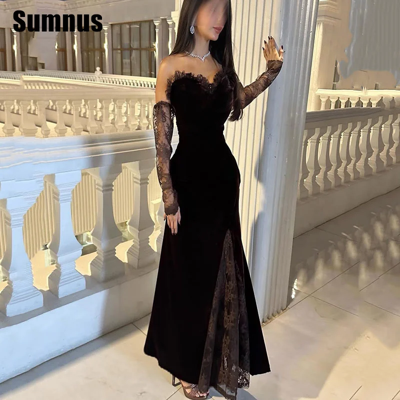 Sumnus vestido de baile de sereia de renda preta, ilusão sexy, sem alças, amor, vestidos de noite, comprimento do tornozelo, vestidos formais personalizados