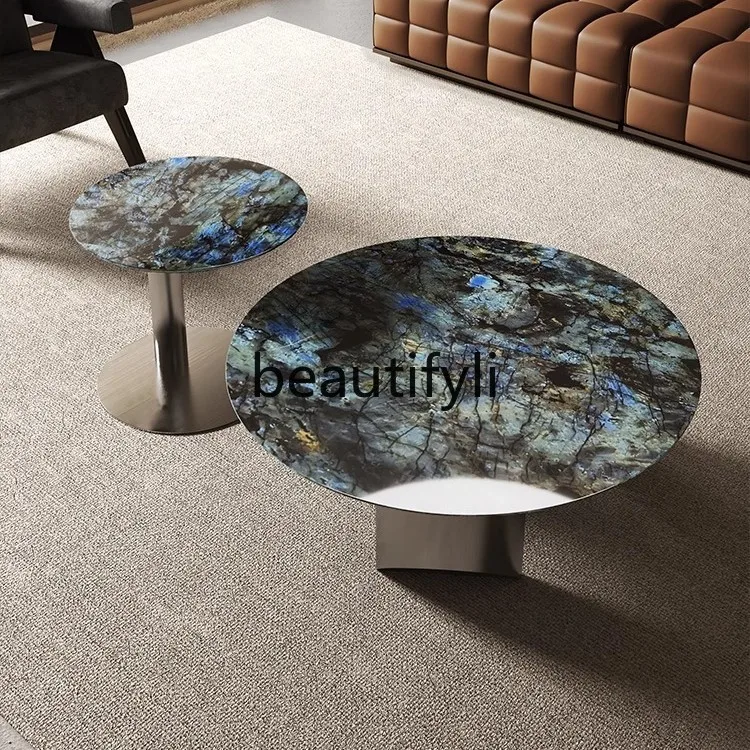 

Marble coffee table new light luxury modern round combination living room household small apartment stainless steel