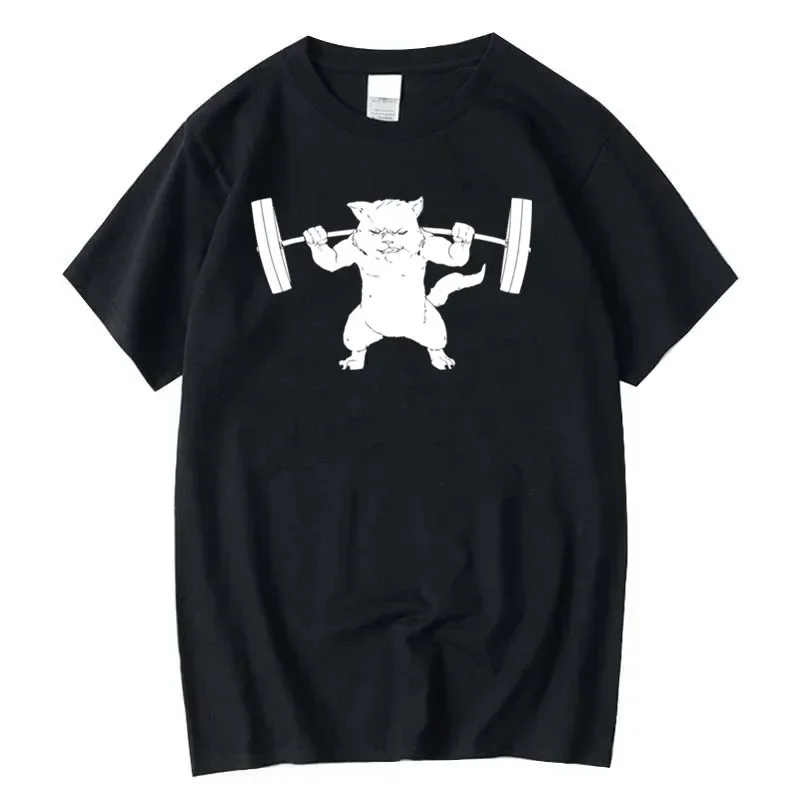 Men T Shirts Funny Powerlifting Cat T Shirt Deadlift Lifting Funny Men's Cotton Short Sleeve Tops Oversized Round Neck T Shirts