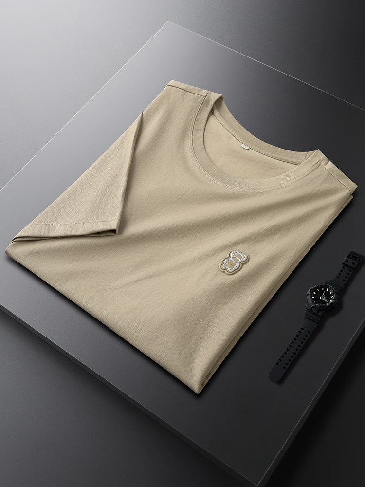 

Легкая мужская футболка с коротким рукавом кофейного цвета из дышащего хлопка для лета, с принтом медведя, приталенного кроя