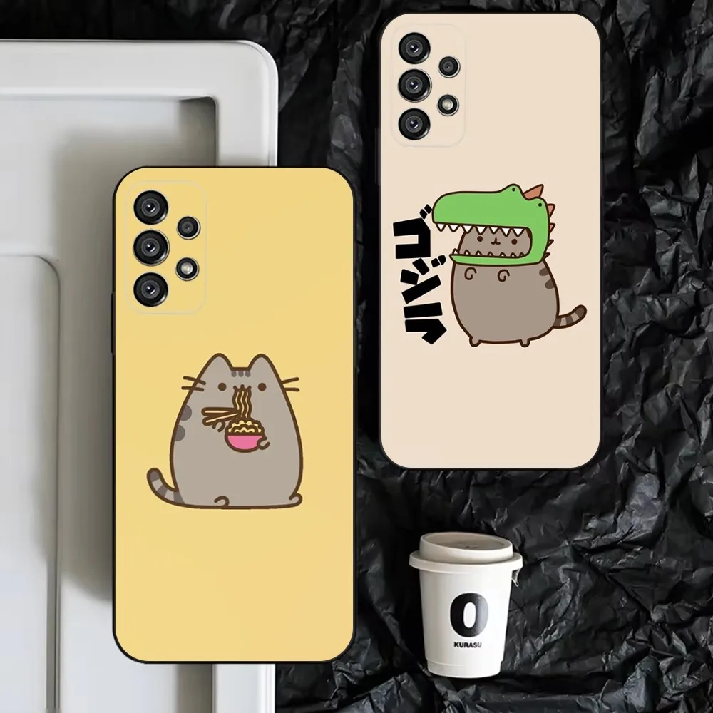 Kawaii Cat P-Pusheen Phone Case For Samsung S25,S24,S23,S22,S21,S20,S10,Ultra,Plus,Lite,FE,Soft Silicone Black Cover