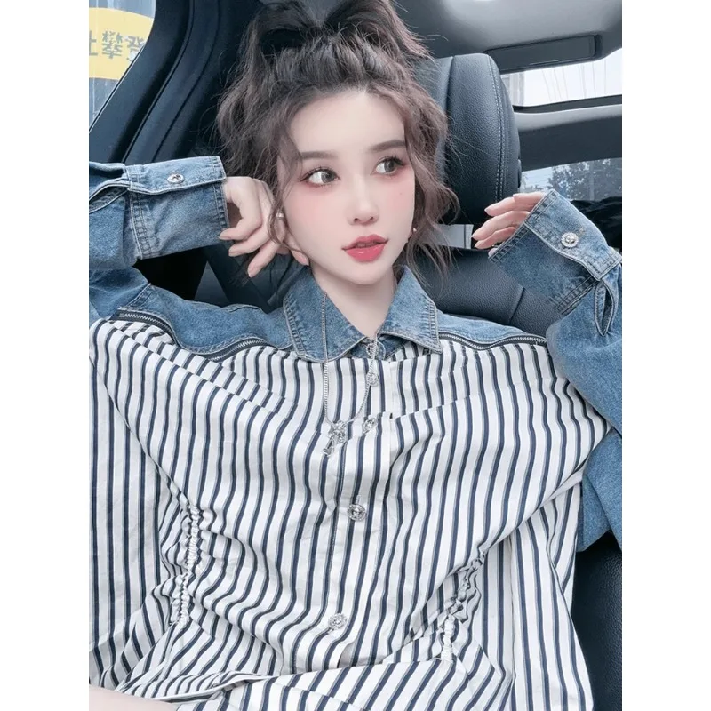 Denim Patchwork Striped Shirt, Korean Shoulder Zipper Design for Loose and Slimming Long Sleeved Top, Women's Spring and Autumn