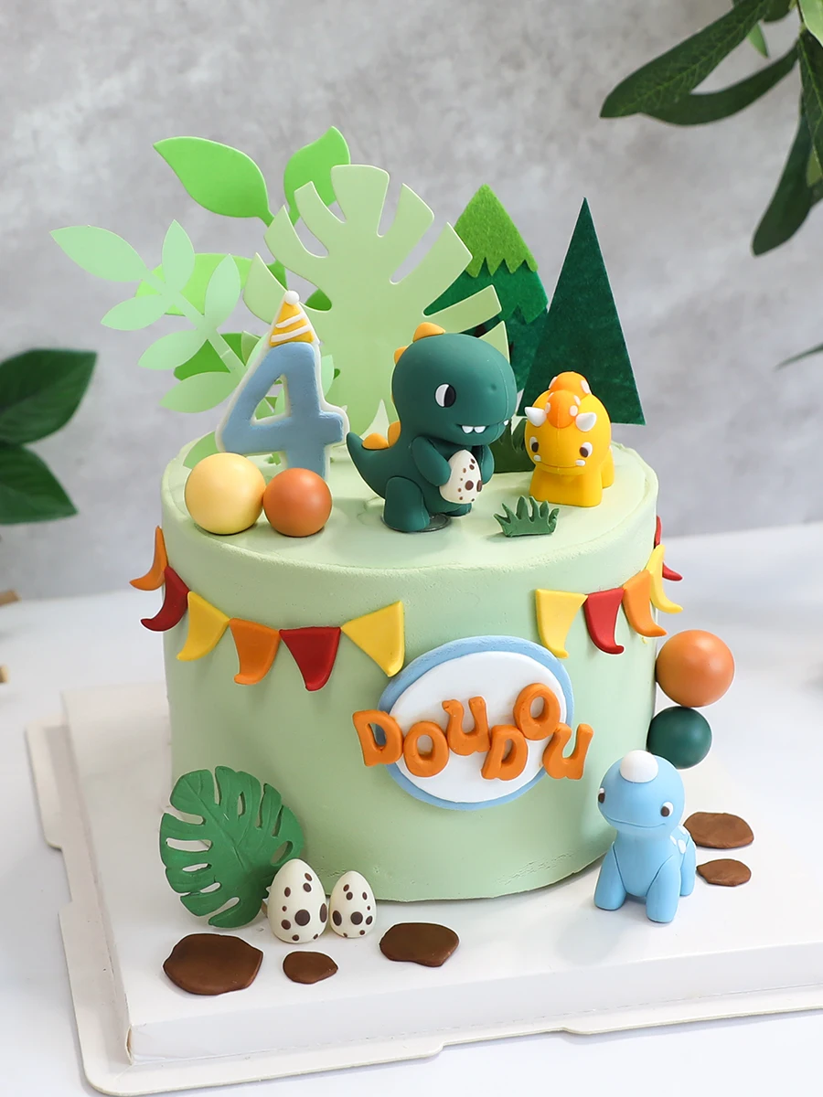 Jurassic Theme Cake Topper Cartoon Dinosaur Tyrannosaurus Rex Ornament Kids 1st Birthday Party Cake Decoration Baby Shower Boys