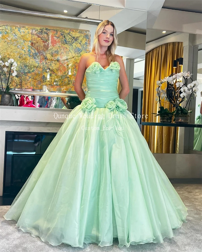 Qunque Mintgroen Avondjurken Sweetheart Organza Galajurk Handgemaakte Bloemen Formele Jurk Korset Robe De Soiree Aangepast