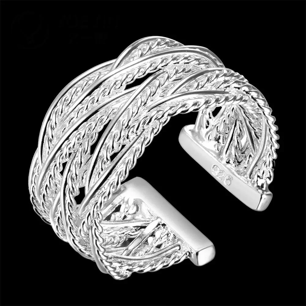 925 Sterling Silver fine wide Weave bangle adjustable size rings Bracelets Jewelry set Fashion Party  wedding accessories gifts