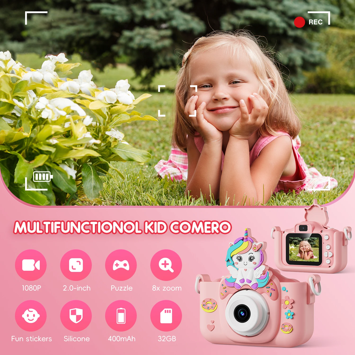 Kids Camera Toys 2-Inch IPS Screen Digital Cameras Photography Selfie With 32GB Card Educational Game for Girl Boy Birthday Gift