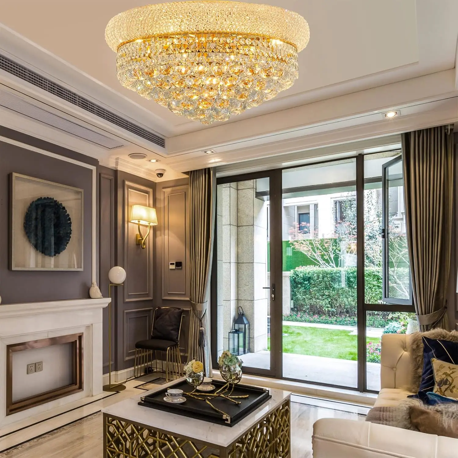 

Round Crystal Ceiling Lamp Gold Crystal Flush Mount Ceiling Chandelier Light Fixture For Living Dining Room Entryway Foyer