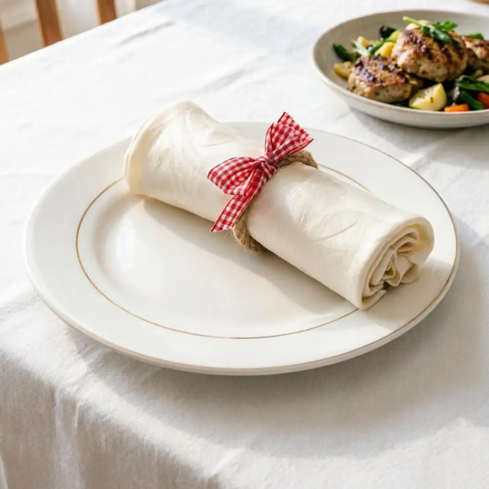 Afternoon Tea Napkin Holder 6pcs Jute Rope Napkin Rings with Plaid Bow Handmade Tableware Holders for Cloth Dinner Napkins
