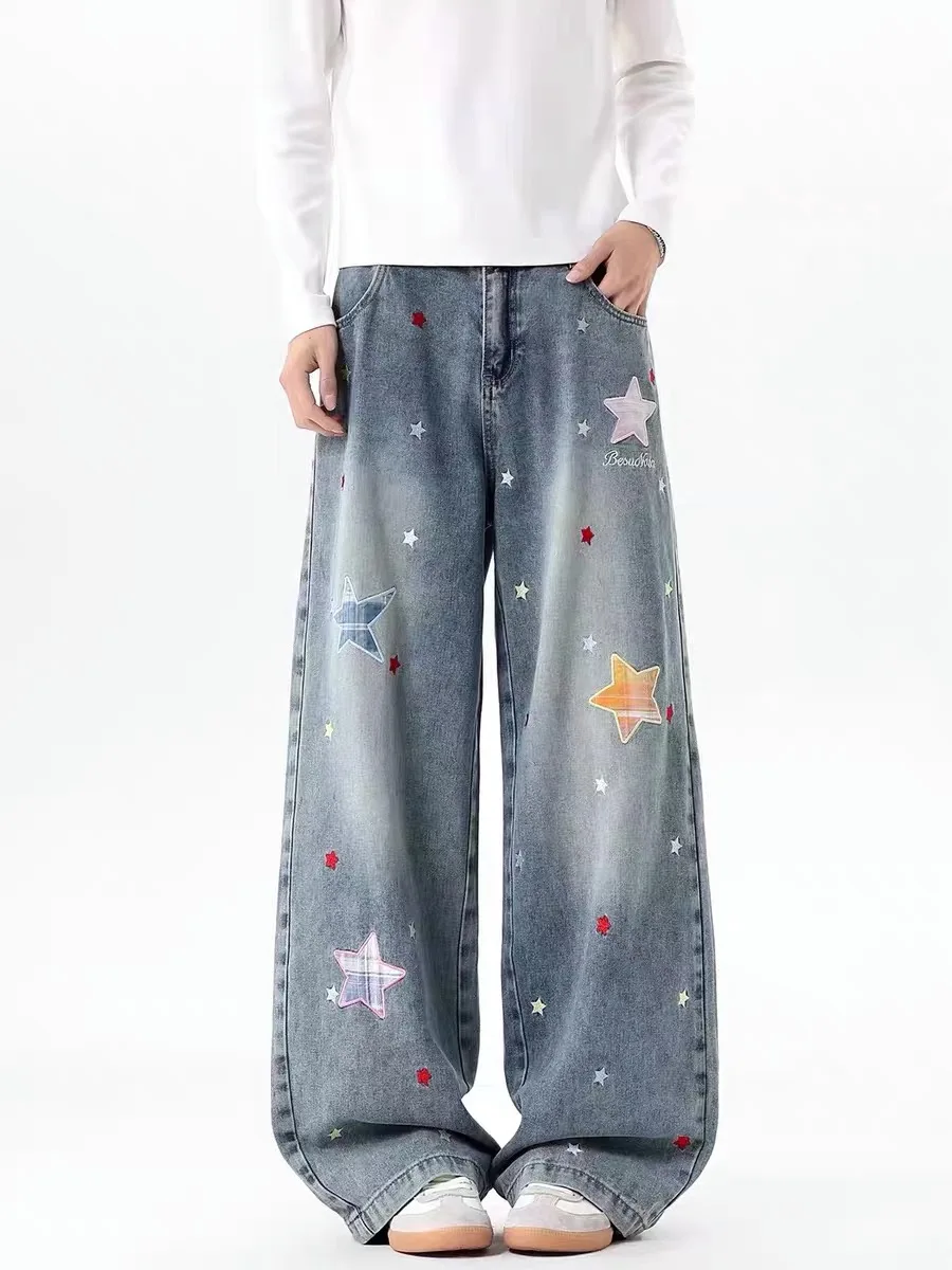 

Retro American Washed Star Embroidery Jeans Loose Wide Leg Pants High Waist Denim Jeans for Women Spring Summer New Trend Brand