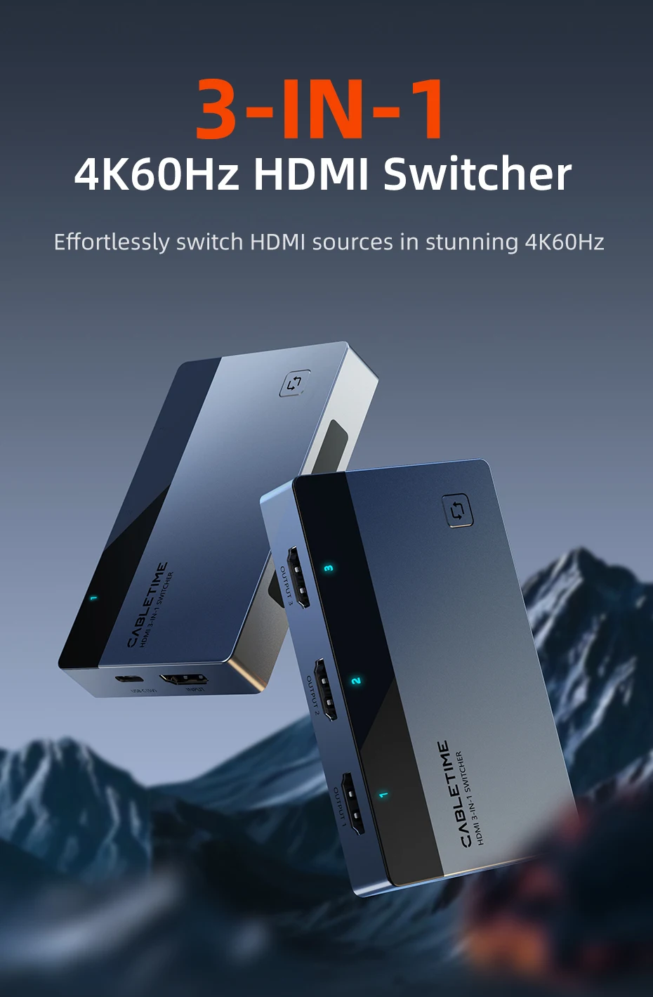 CABLETIME 3-in-1-HDMI-Umschalter 4K 60 Hz HDMI-Splitter für HDTV Xiaomi Mi Box PS5 3-in-1-Ausgang HDMI-Schalter für Laptop MacBook – Detail 1