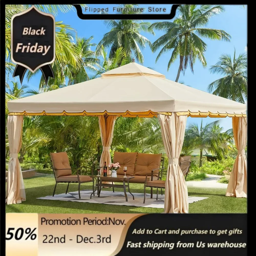 Outdoor Canopy Gazebo, Double Roof Patio Gazebo Steel Frame with Netting and Shade Curtains for Garden,Patio,Party Canopy