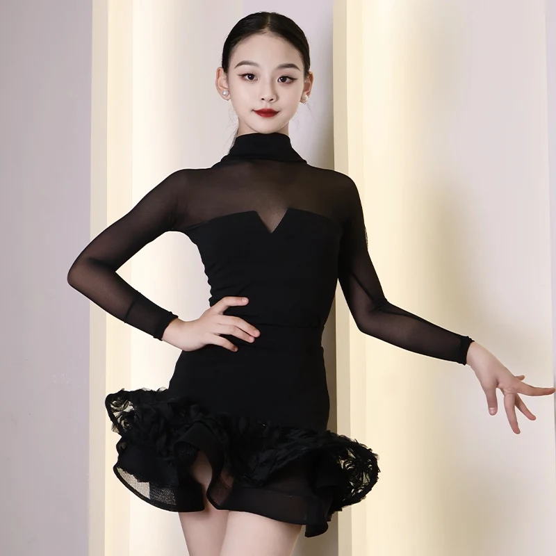 Girls Black Latin Dance Dress Mesh Long Sleeves Fishbone Dress Performance Dance Costume  Rumba Cha Cha Practice Dress view 3