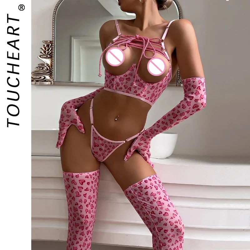 Toucheart Sexy Heart Shape Bondage Lingerie Set Women Gloves and Stockings Underwear Lace Up Patchwork Sexy Hollow Out Bra Suit