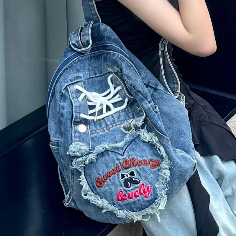 MBTI-Sac à Dos en Denim Rose Y2k pour Femme, Mignon, Grande Capacité, Vintage, Lettre Brodée, Style Harajuku, Esthétique