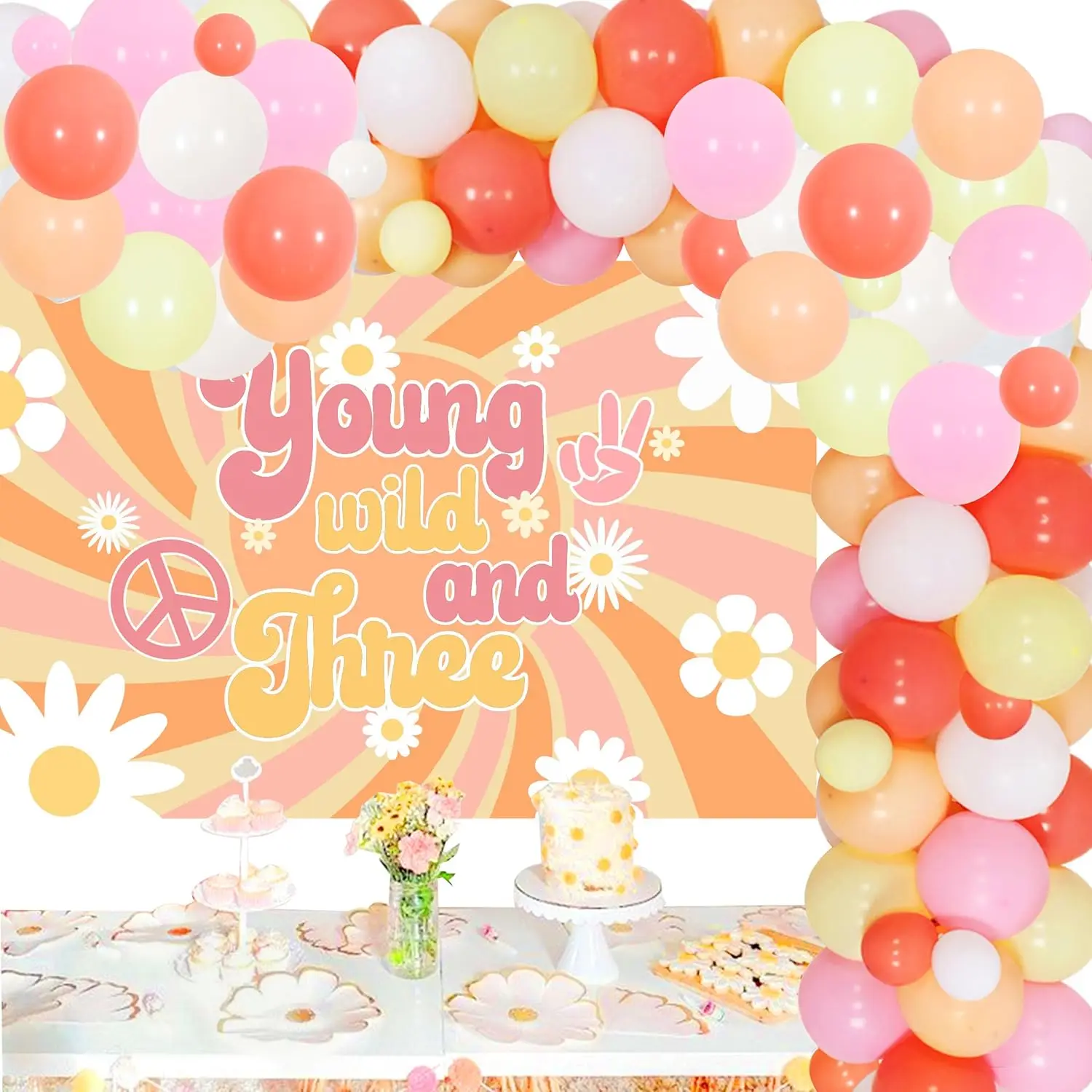 Fangleland Groovy 3rd Birthday Party Decorations Young Wild and Three Backdrop Retro Hippie Boho Daisy Flower Birthday Supplies