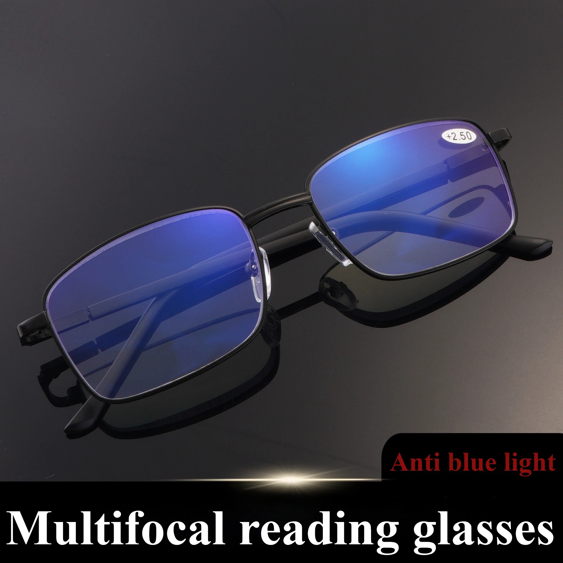 Full Frame Multi Focus Reading Glasses with Anti Blue Light, Men's Automatic Zoom Far and Near Dual-use Glasses with Spring Legs