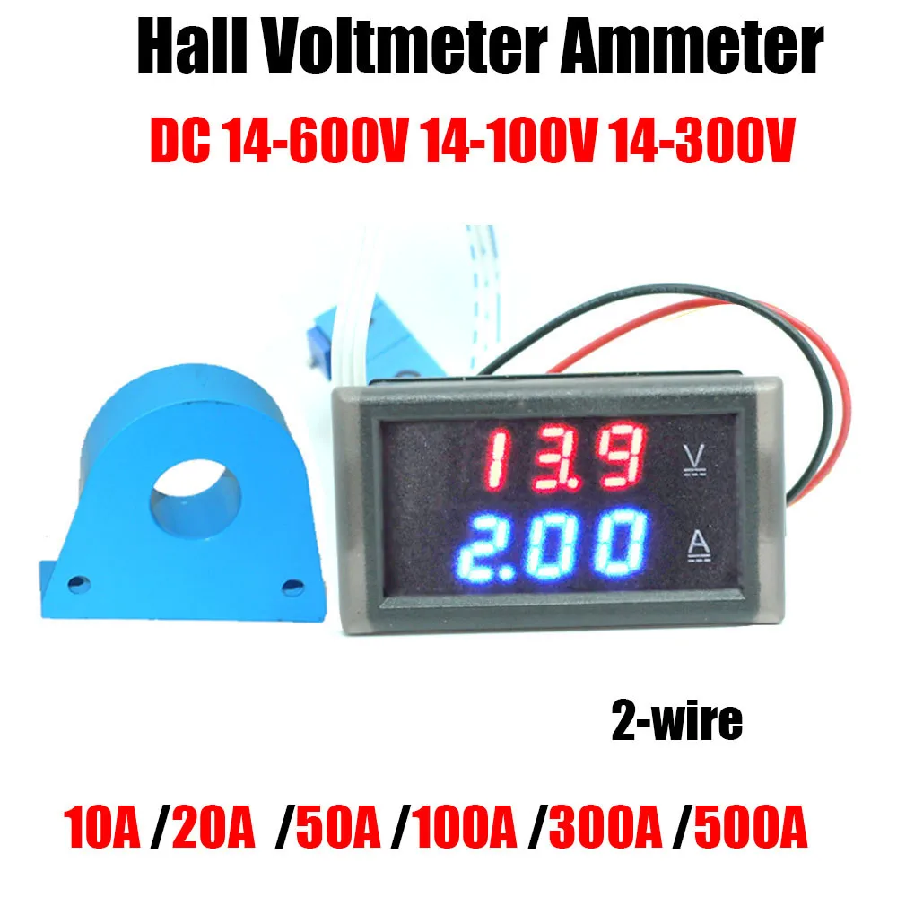 2wire DC 14V-600V Hall Voltmeter Ammeter 0-500A LED Digital Voltage Current Charge Discharge Battery Monitor 24V 36V 48V 60V BMS