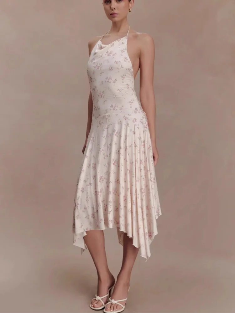 

Floral Print Backless Halter Lady Dress Sleeveless Elegant Off-shoulder Irregular Midi Dresses 2026 Women Vacation Party Gowns