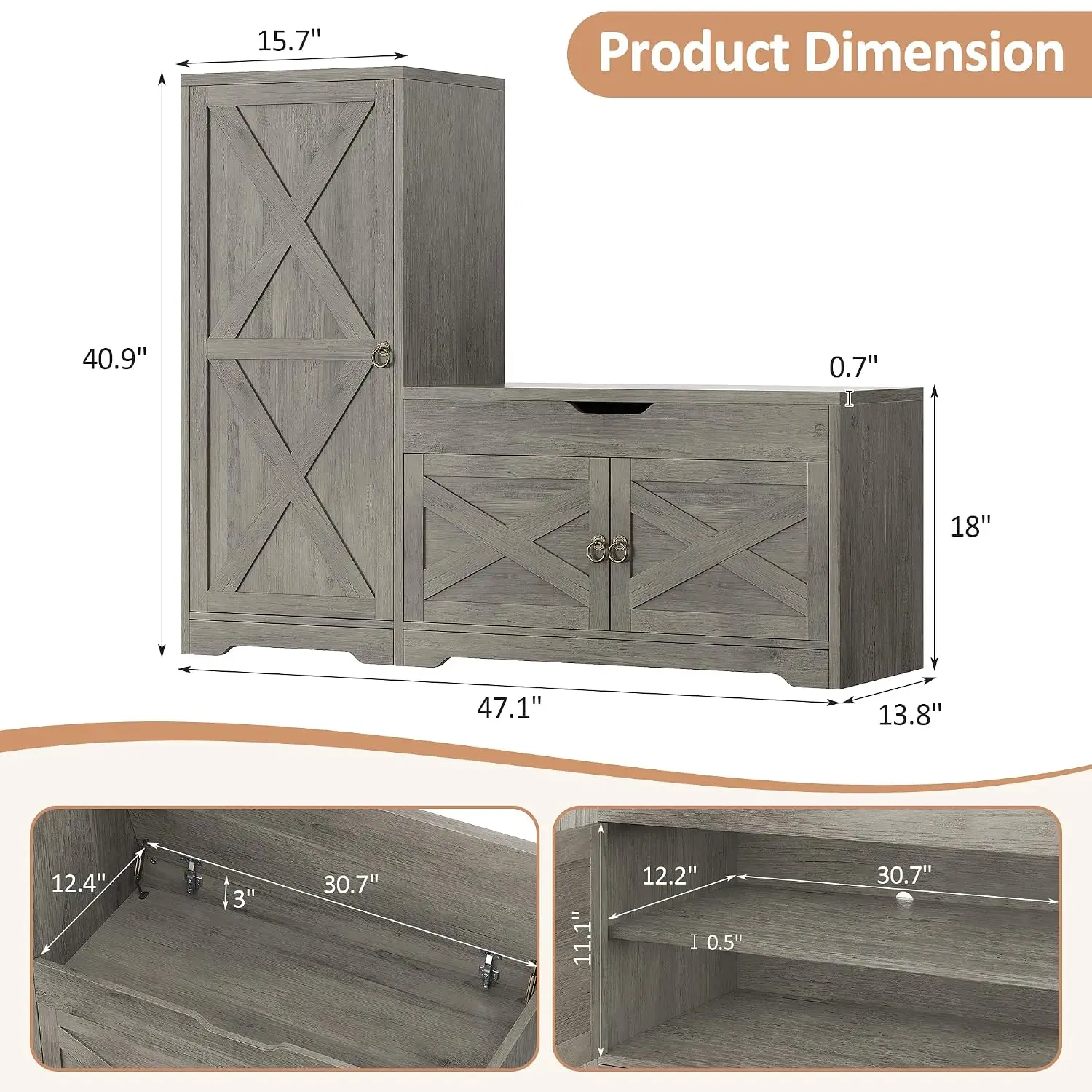 47'' Shoe Storage Bench, 7-Tier Storage Bench, L-Shaped Entryway Bench with Adjustable Shelves, Hidden Lift Top, Customized