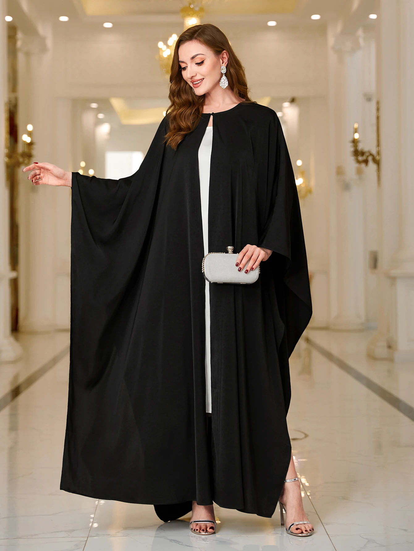 Ramadan Abaya Button Front Batwing Sleeve Modest Dress, Elegant Loose Solid Color Cloak Maxi Outwear Kaftan, Women\'s Clothing