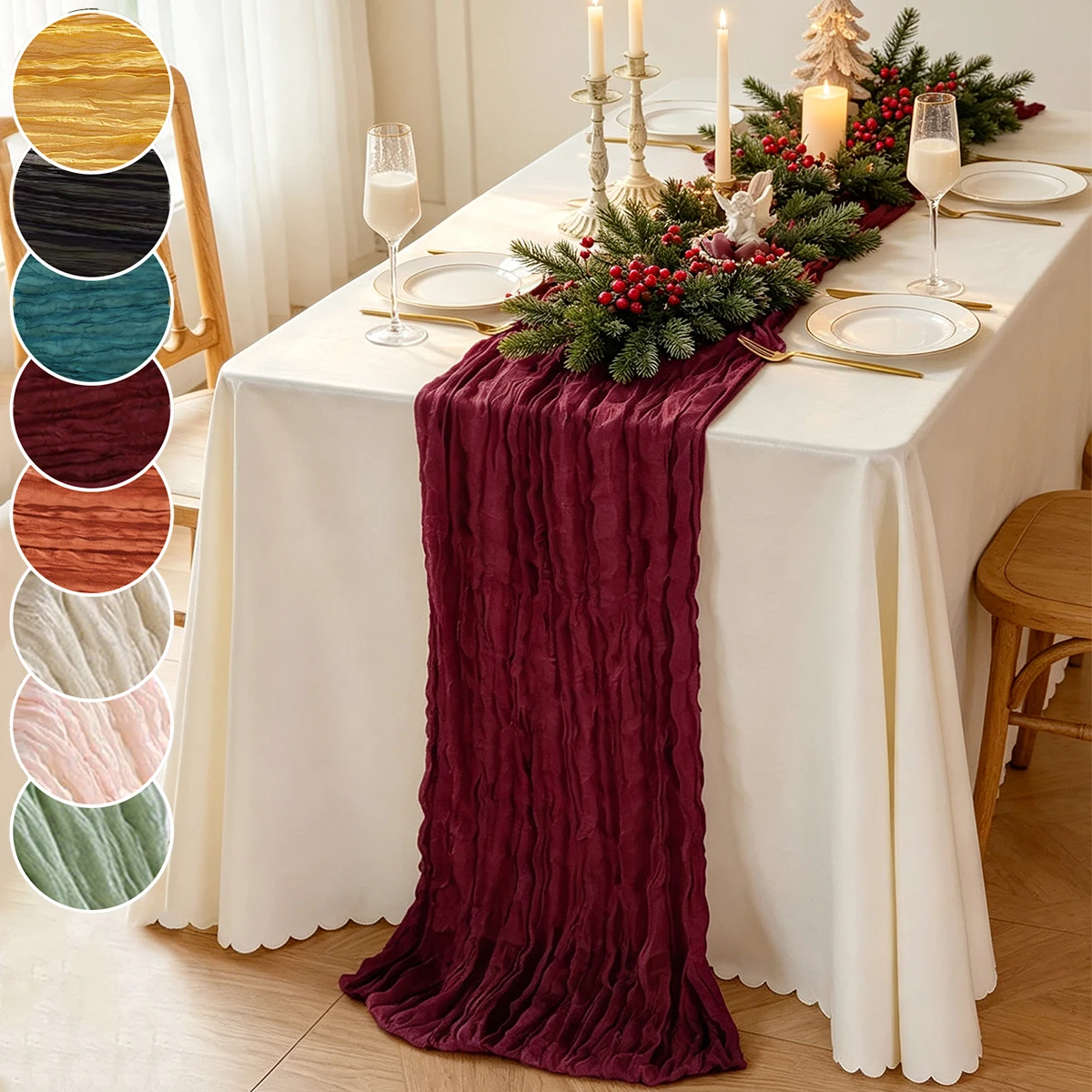 1PC Christmas Halloween Multicolor Pleated Table Runner Long Towel Can Be Reused, Wedding Banquet Party Home Table Decoration