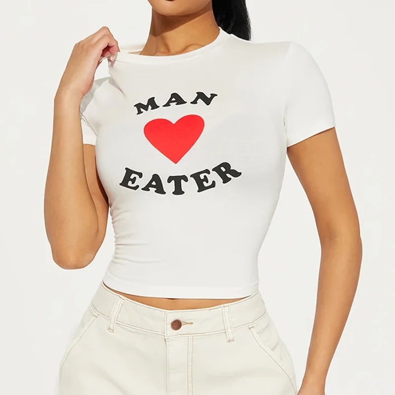 Sexy Crop Top Man Love Eater Print T-shirts Streetwear Harajuku Women Slim T-shirt Short Sleeve Y2K Fashion Cute Baby Tee E-girl