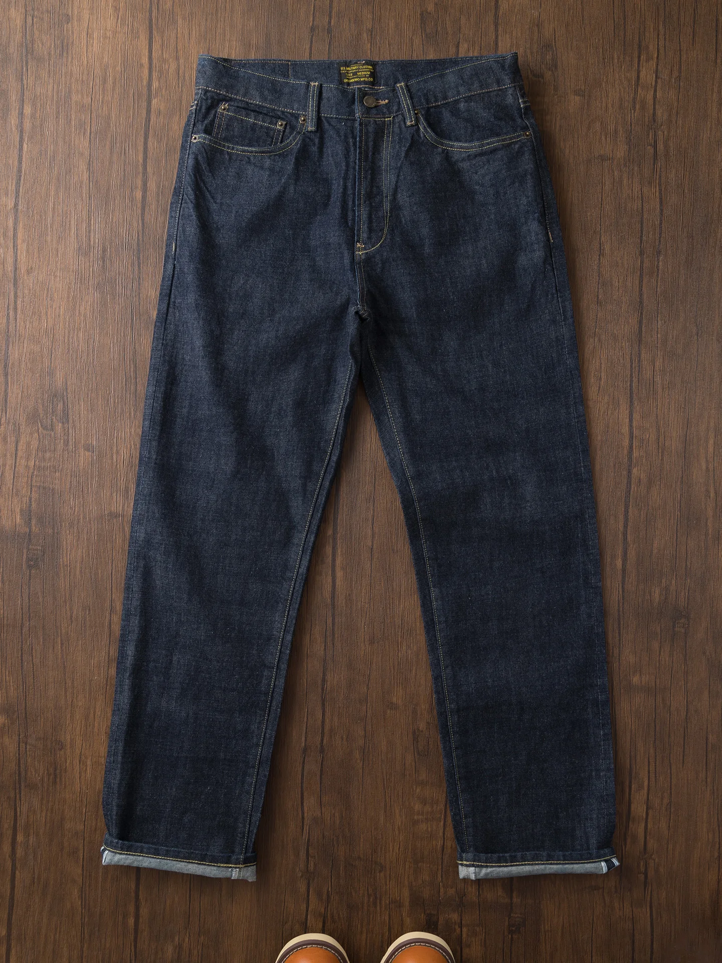 Retro American Workwear  Selvedge Deep Blue Straight Leg Men's Jeans Cotton Denim Trousers for Autumn Season
