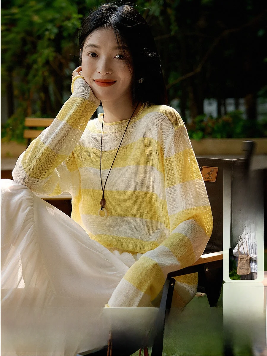 

New Summer 26 Silk Blend Loose Fit Striped Knitwear Women's Casual Style Long Sleeve V-Neck Button up Top Comfortable Breathable