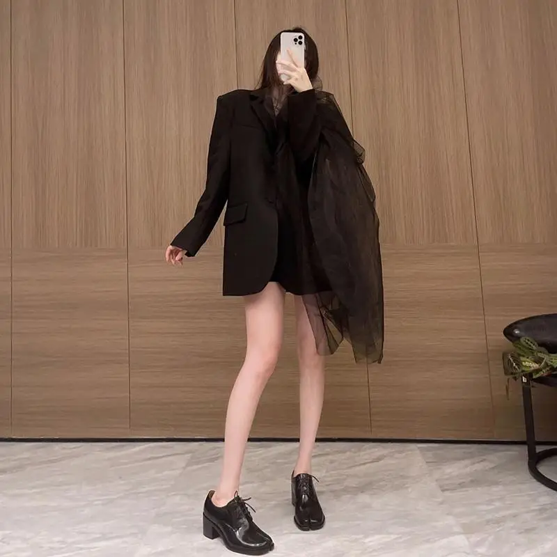 

2026 весенне-осенний женский костюм, пальто, свободные пиджаки, сетчатый повседневный черный топ