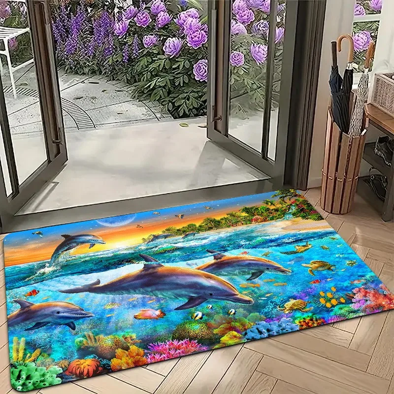 

1PC Dolphin pattern Kitchen Rugs Non-Slip Home Door Mats Pop design Living room Rugs Bath Mat Carpet for Home Sink Laundry Decor