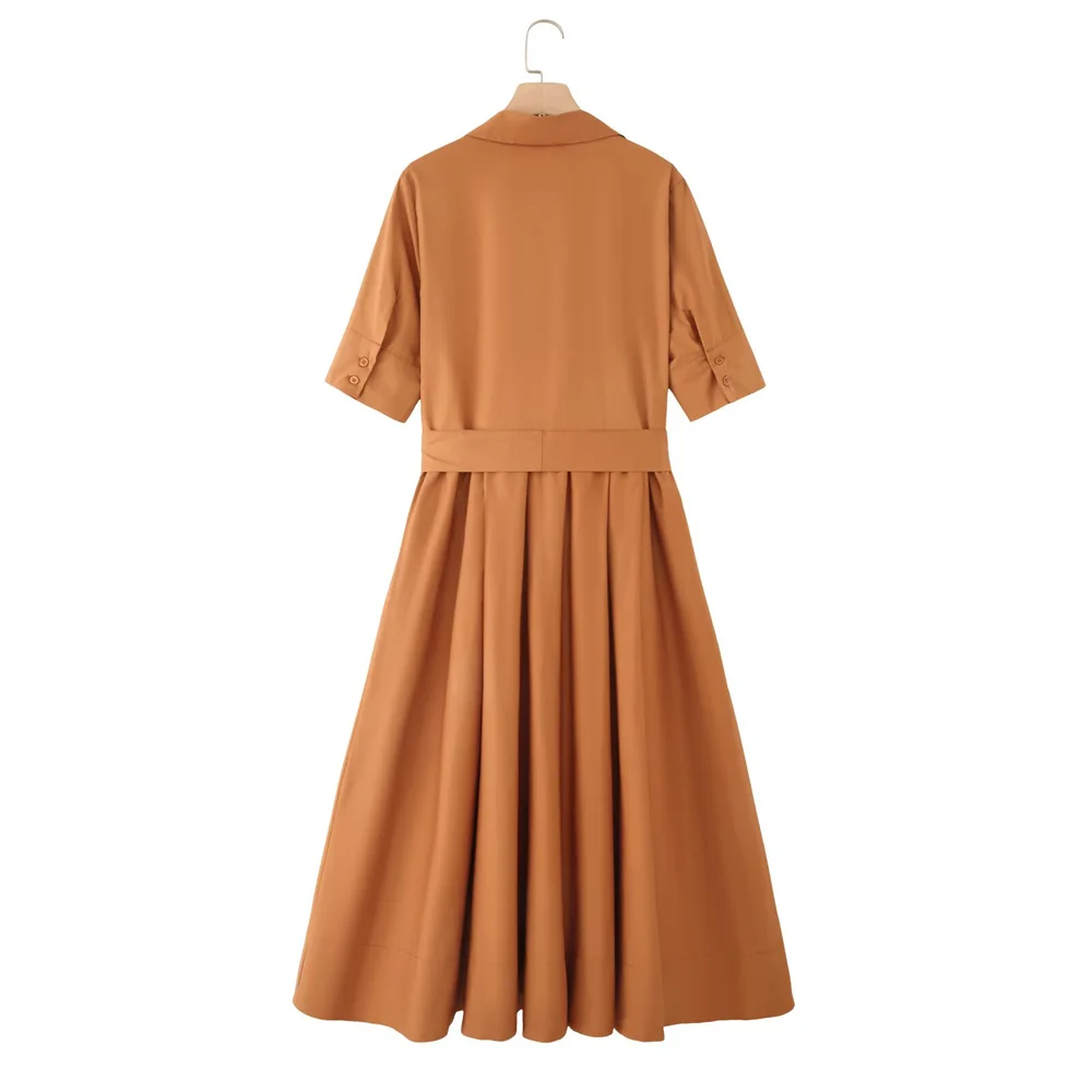 European and American style women's autumn new style temperament slim fit short sleeved waist cinched lace up poplin dress