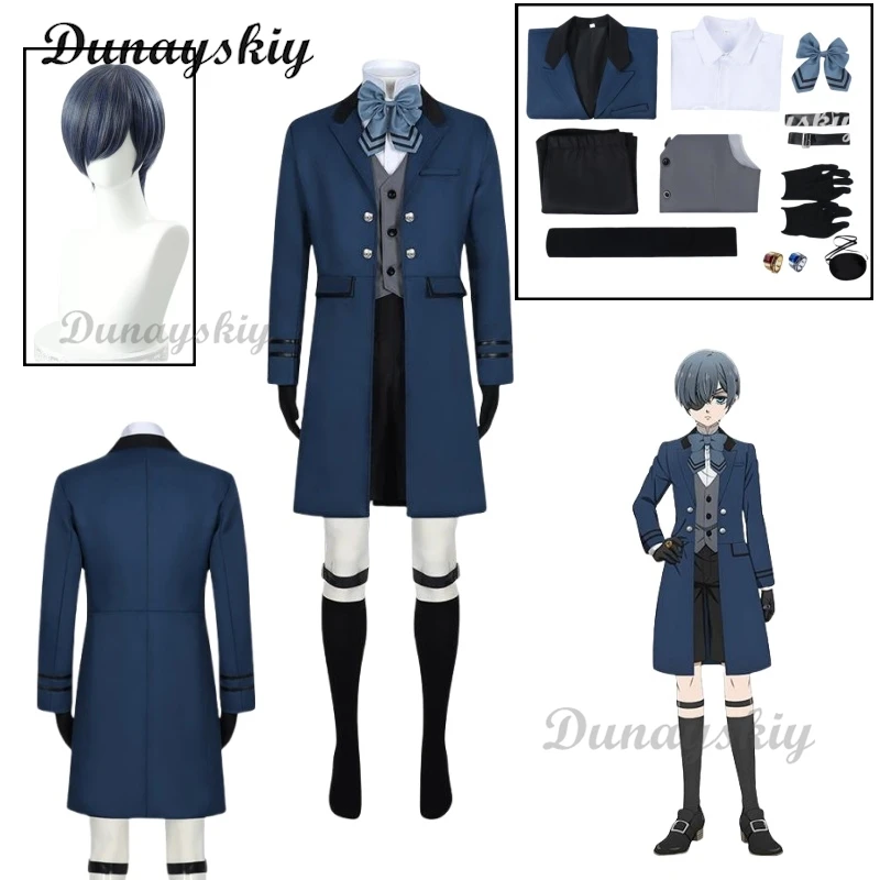 

Черный костюм Cos Butler Phantomhive, парик, темно-синее пальто Ciel, косплей, изумрудная ведьма, дуга Kuroshitsuji, вечеринка на Хэллоуин