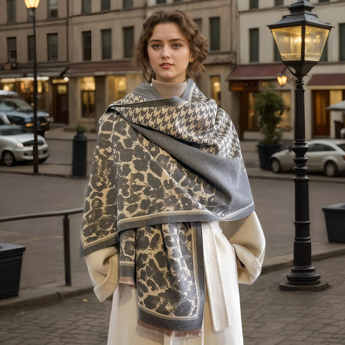 Elegant Jacquard Design Scarf Imitation Cashmere Soft Warm Fringe Shawl Autumn Winter Coldproof Windproof Blanket Scarf