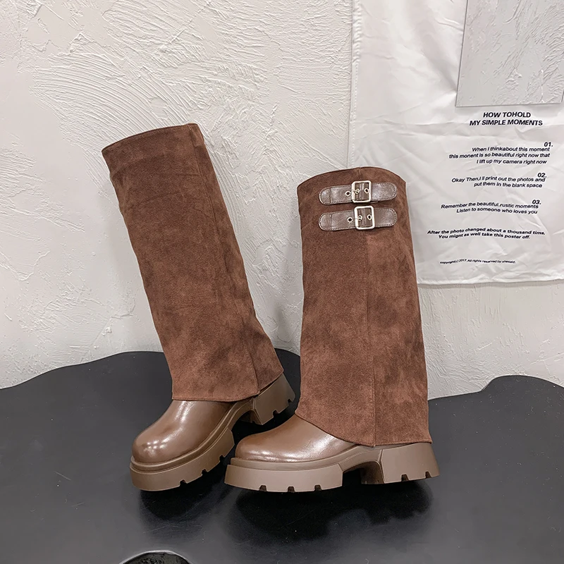 Belt Buckle Knee-high Boots, Trendy Stacked Pant-leg Long Boots, 2026 Fall/winter New Thick-soled Height-boosting Slimming Style