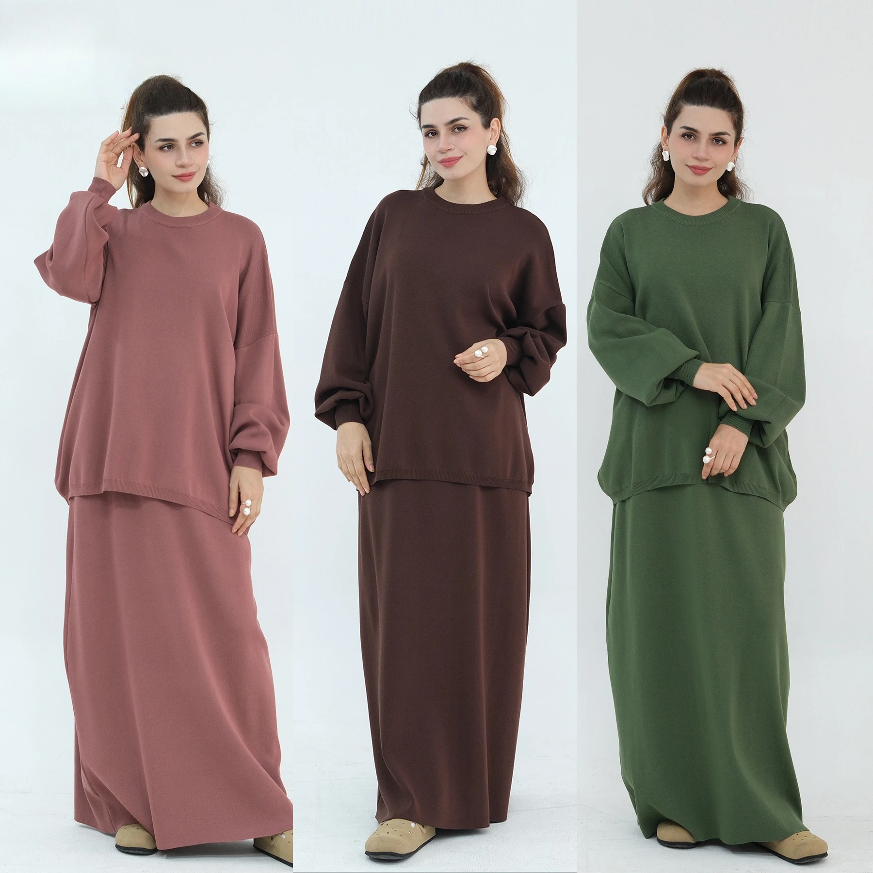 

Muslim Women Winter Outfit Two-Piece Knitted Sweater Set Modest Abaya Dress and Top for Ramadan Elegant Dubai Islamic Clothing
