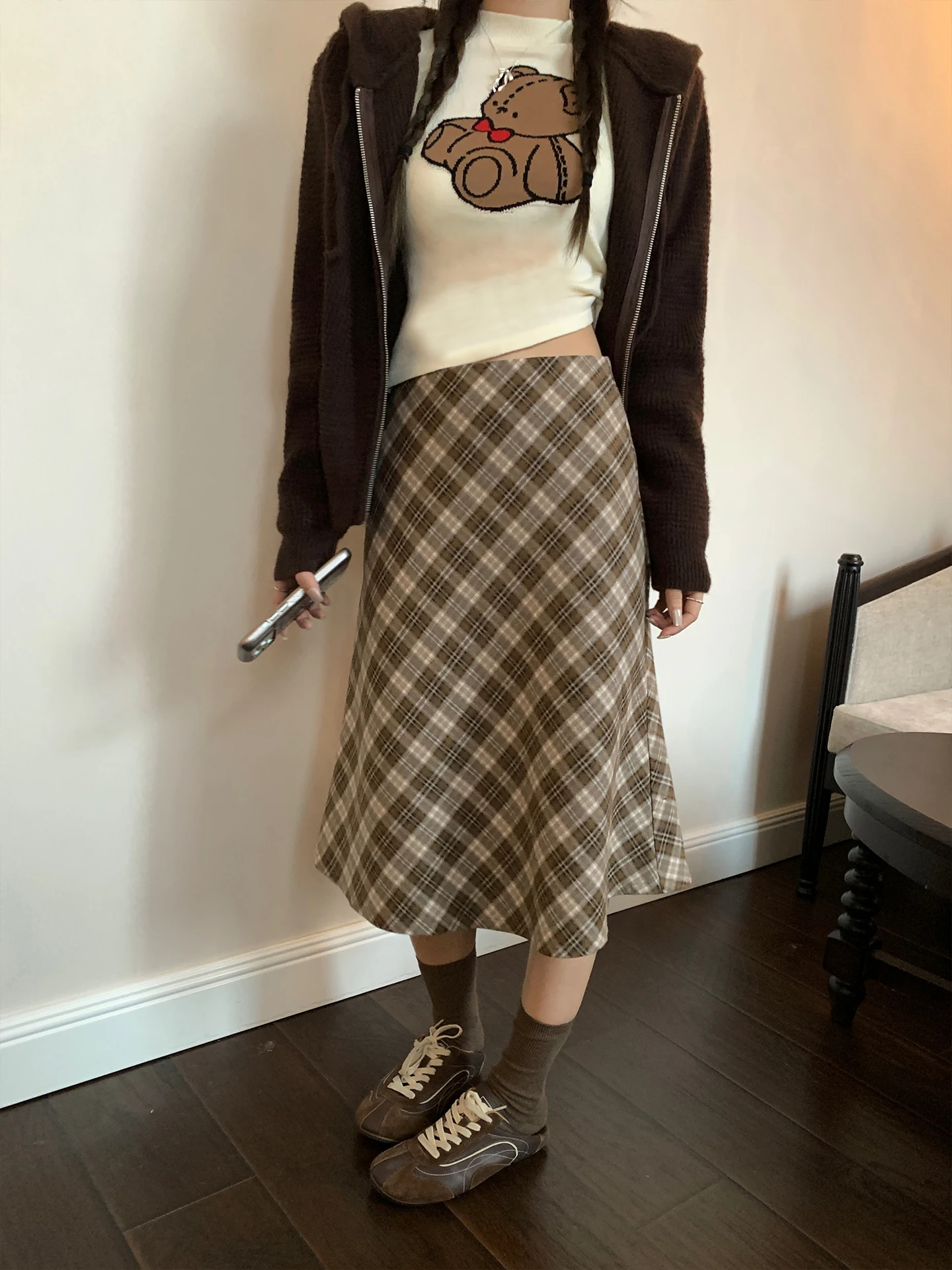 

Retro American Plaid Woolen Skirt Women's Casual Commute Slimming Versatile Wrap around Mid-Length Skirt